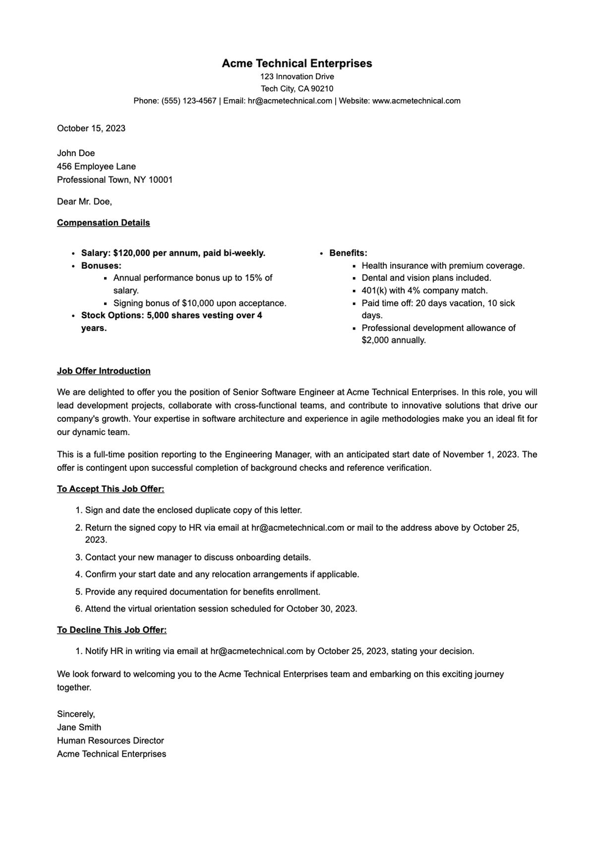 Formal job offer letter from Acme Technical Enterprises with salary benefits and acceptance_variant_1